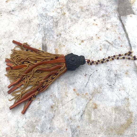 Tan & Orange leather Fan Pull or furniture Tassel Pull with ornate gray top VTG - Picture 9 of 13